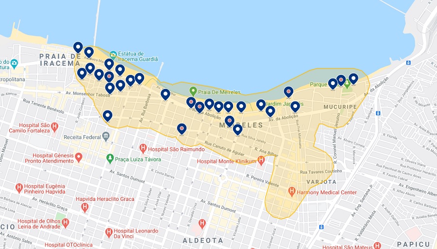Mapa de hotéis na melhor região de Fortaleza